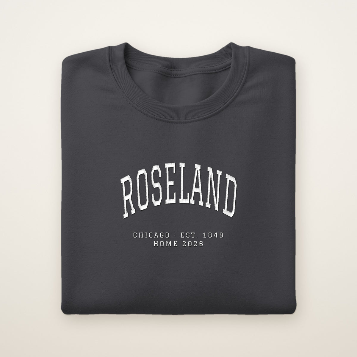Roseland Chicago Home 2026 Embroidered Crewneck — White Thread on Dark Heather