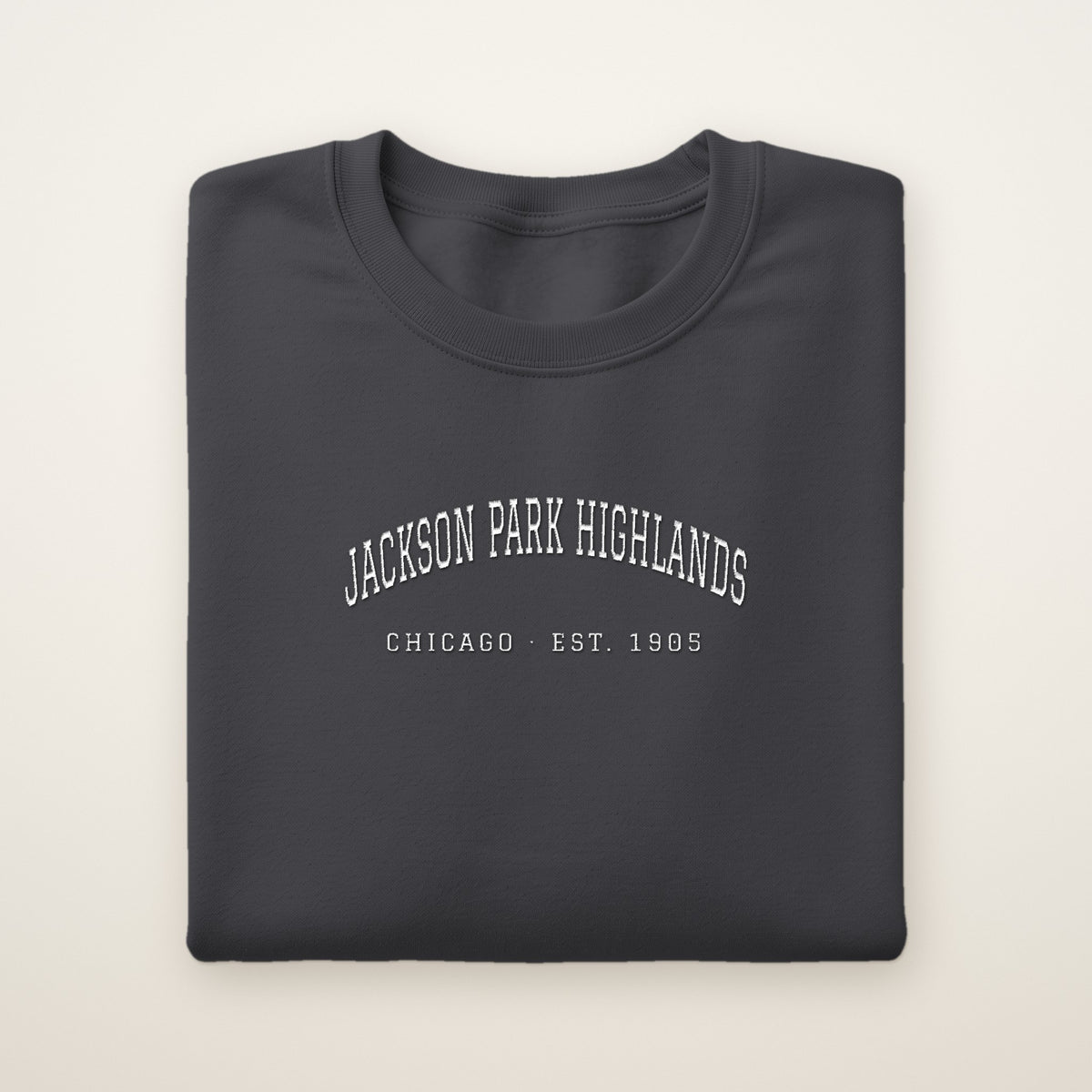 Jackson Park Highlands Chicago Embroidered Crewneck — White Thread on Dark Heather