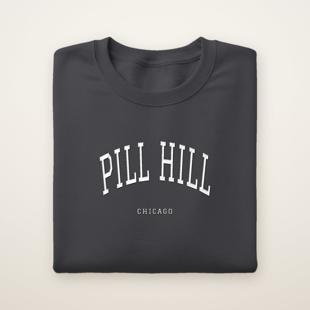 Pill Hill Chicago Embroidered Crewneck — White Thread on Dark Heather
