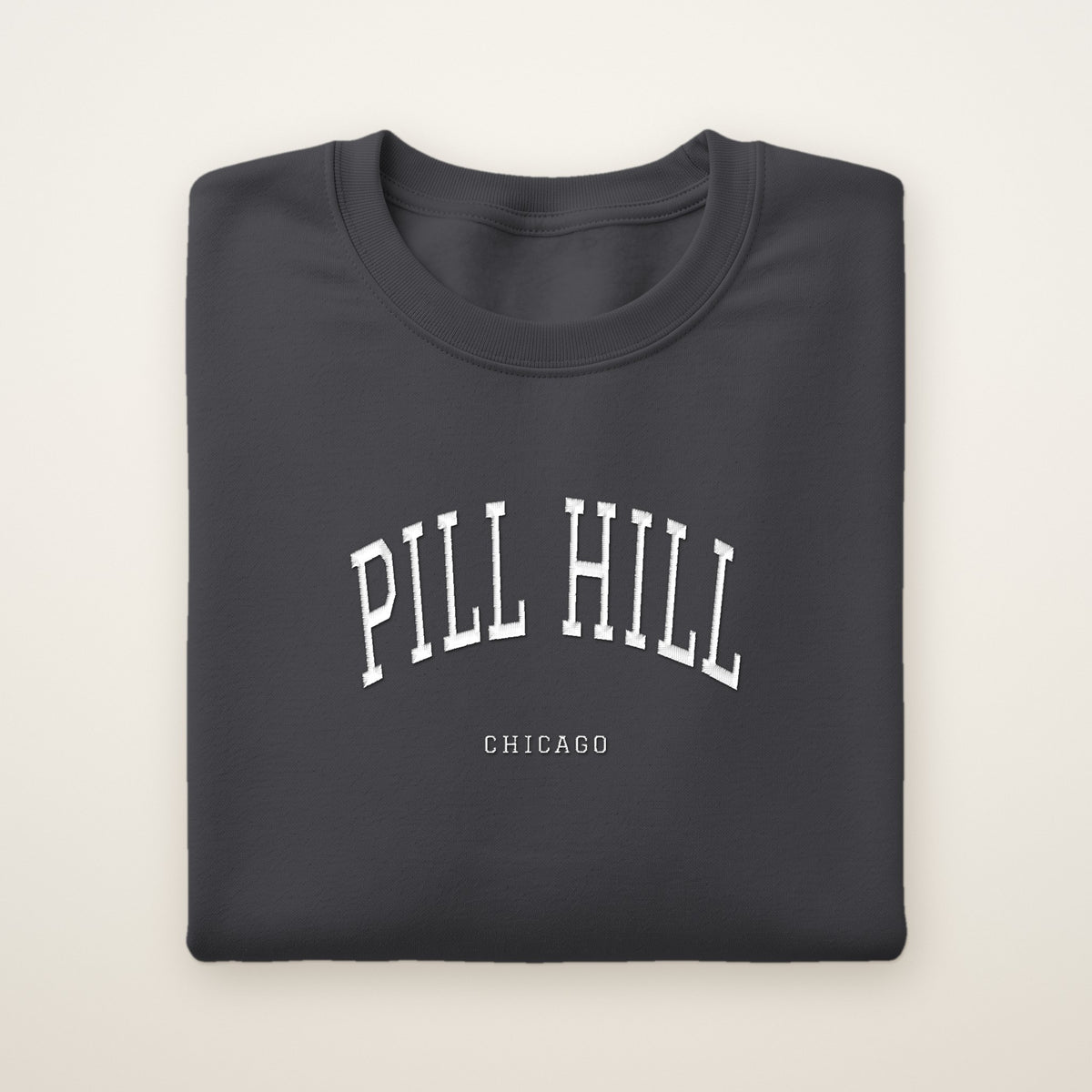 Pill Hill Chicago Embroidered Crewneck — White Thread on Dark Heather
