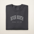 River North Chicago Embroidered Crewneck — White Thread on Dark Heather