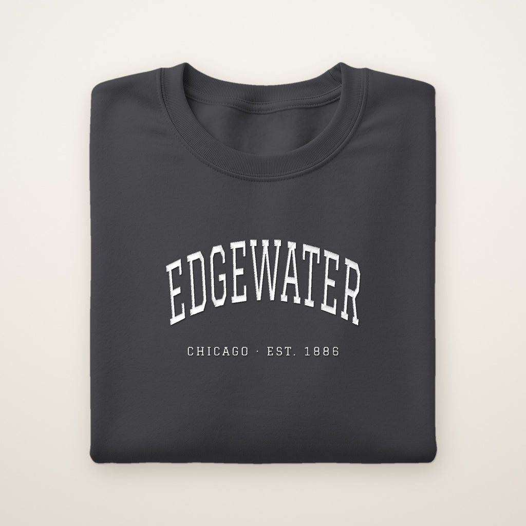 Edgewater Chicago Embroidered Crewneck — White Thread on Dark Heather