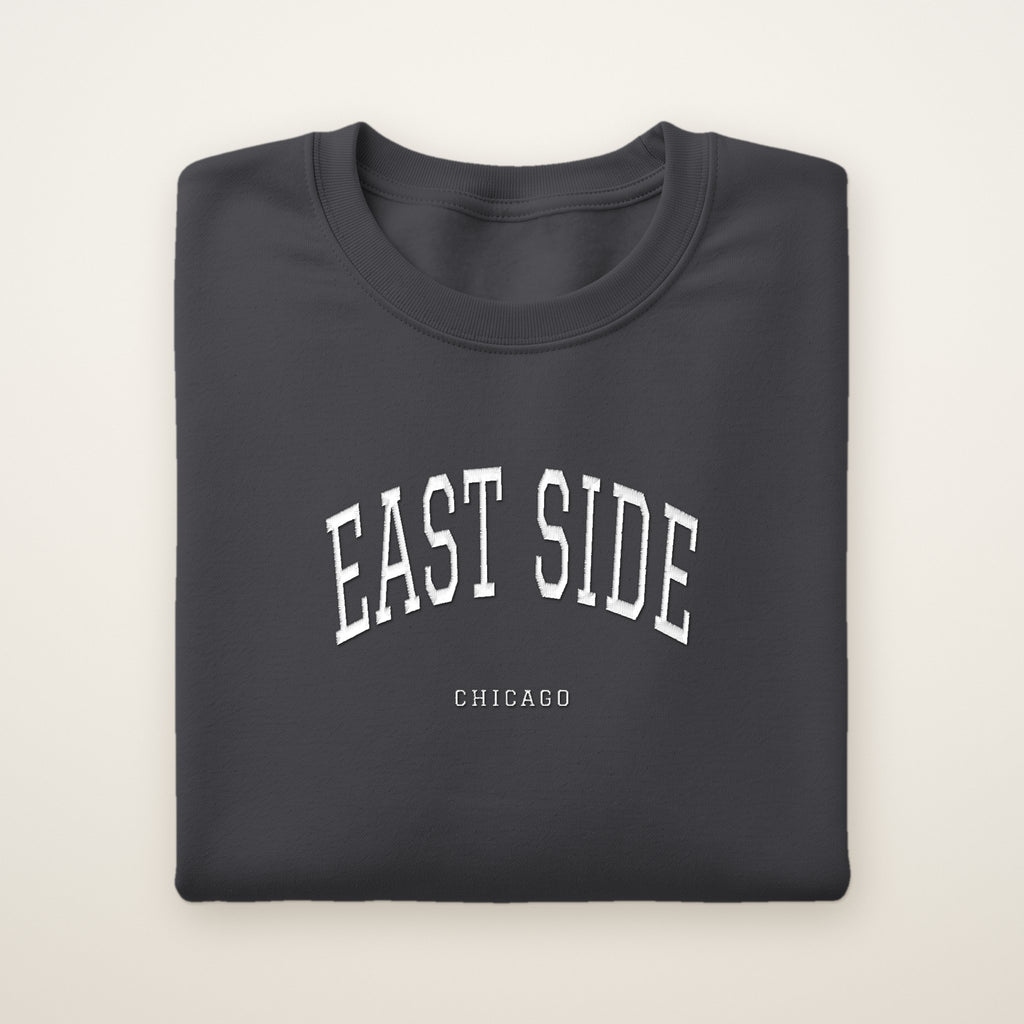 East Side Chicago Embroidered Crewneck — White Thread on Dark Heather