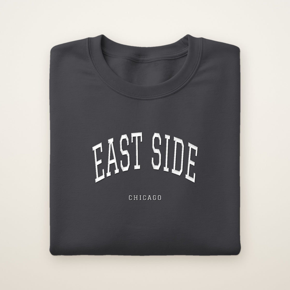 East Side Chicago Embroidered Crewneck — White Thread on Dark Heather