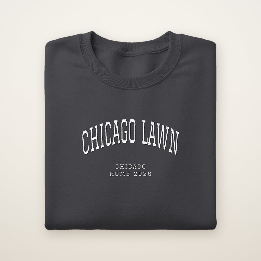 Chicago Lawn Chicago Home 2026 Embroidered Crewneck — White Thread on Dark Heather