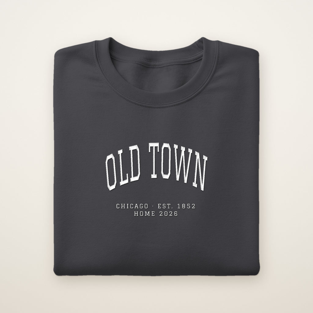 Old Town Chicago Home 2026 Embroidered Crewneck — White Thread on Dark Heather