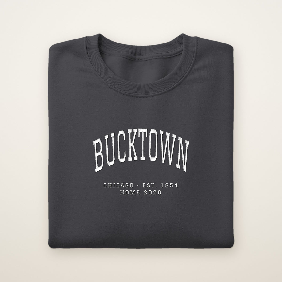 Bucktown Chicago Home 2026 Embroidered Crewneck — White Thread on Dark Heather