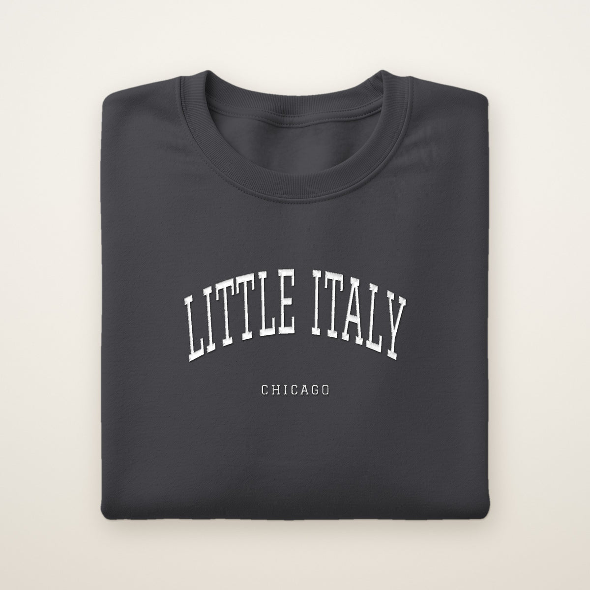 Little Italy Chicago Embroidered Crewneck — White Thread on Dark Heather