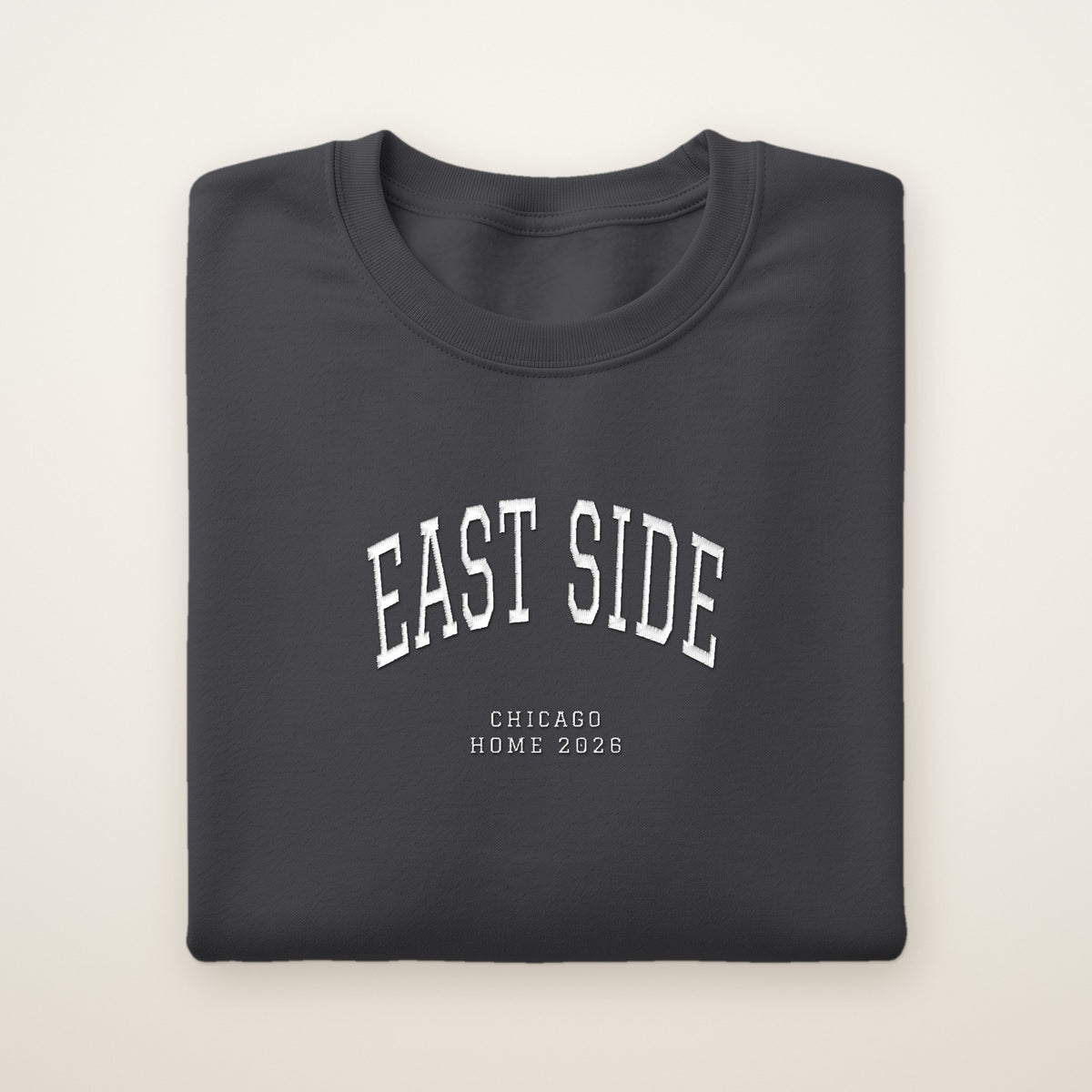 East Side Chicago Home 2026 Embroidered Crewneck — White Thread on Dark Heather