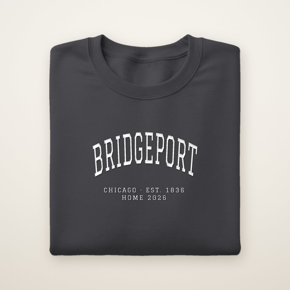Bridgeport Chicago Home 2026 Embroidered Crewneck — White Thread on Dark Heather