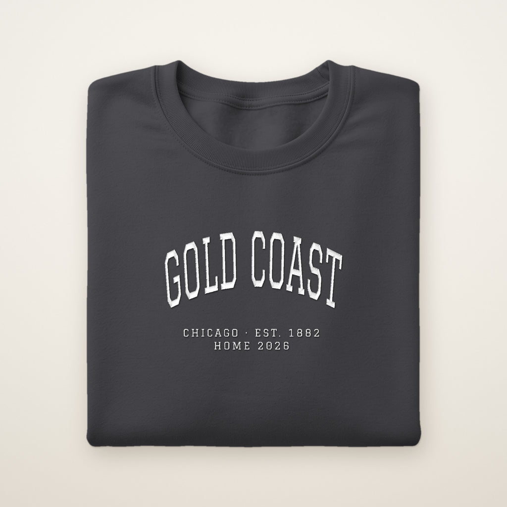 Gold Coast Chicago Home 2026 Embroidered Crewneck — White Thread on Dark Heather