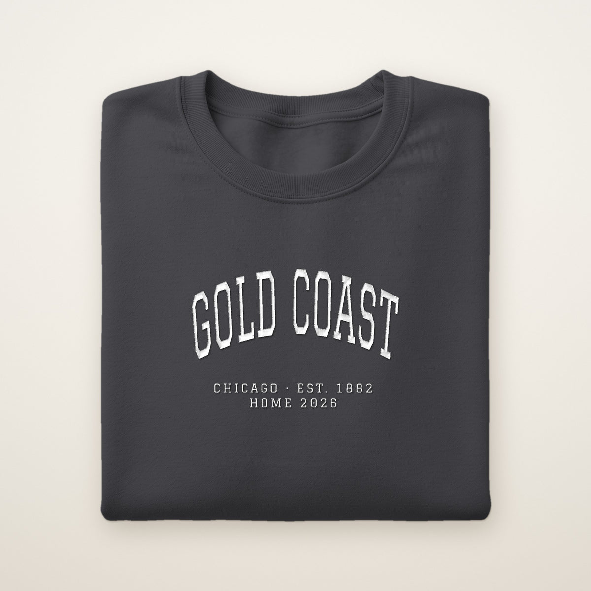 Gold Coast Chicago Home 2026 Embroidered Crewneck — White Thread on Dark Heather