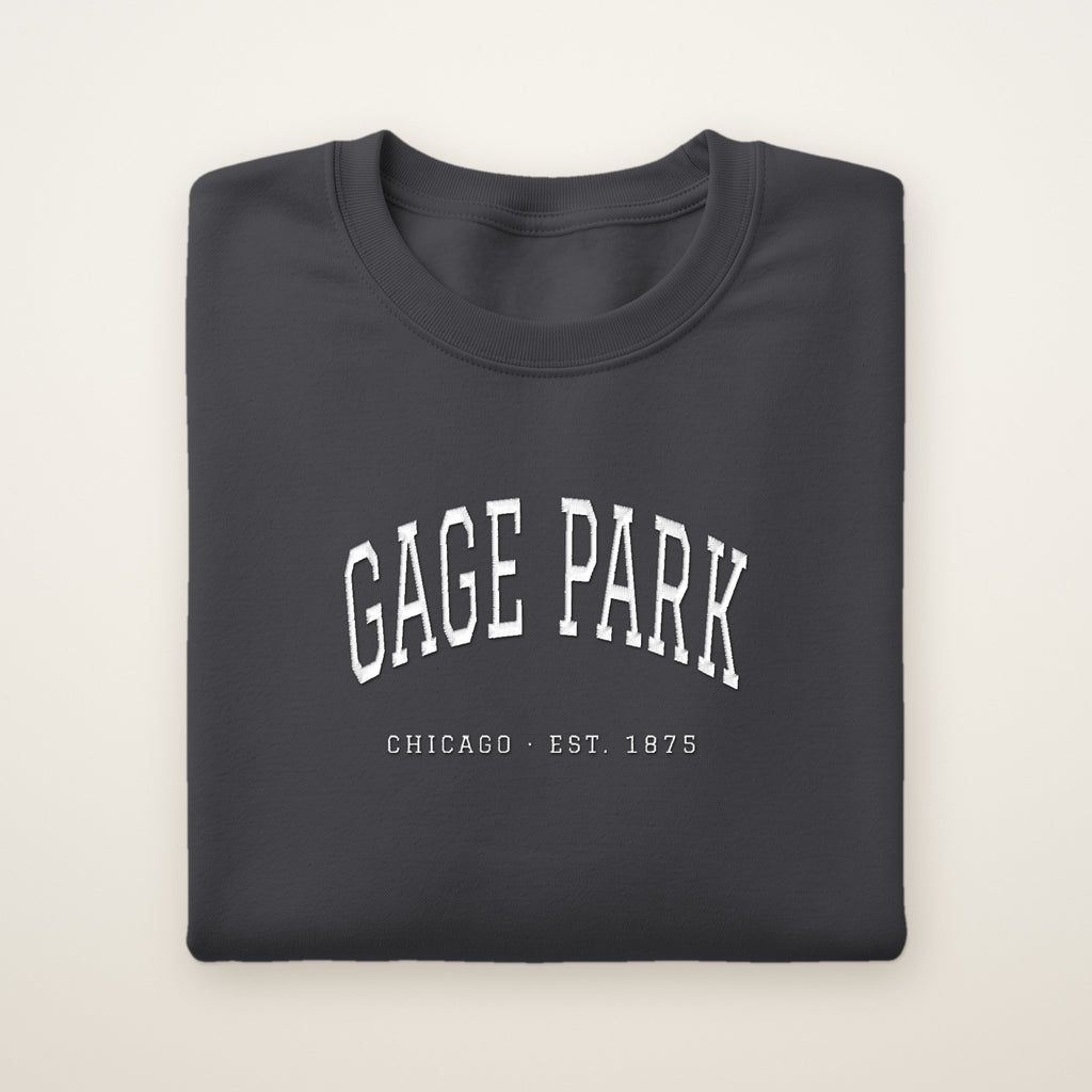 Gage Park Chicago Embroidered Crewneck — White Thread on Dark Heather