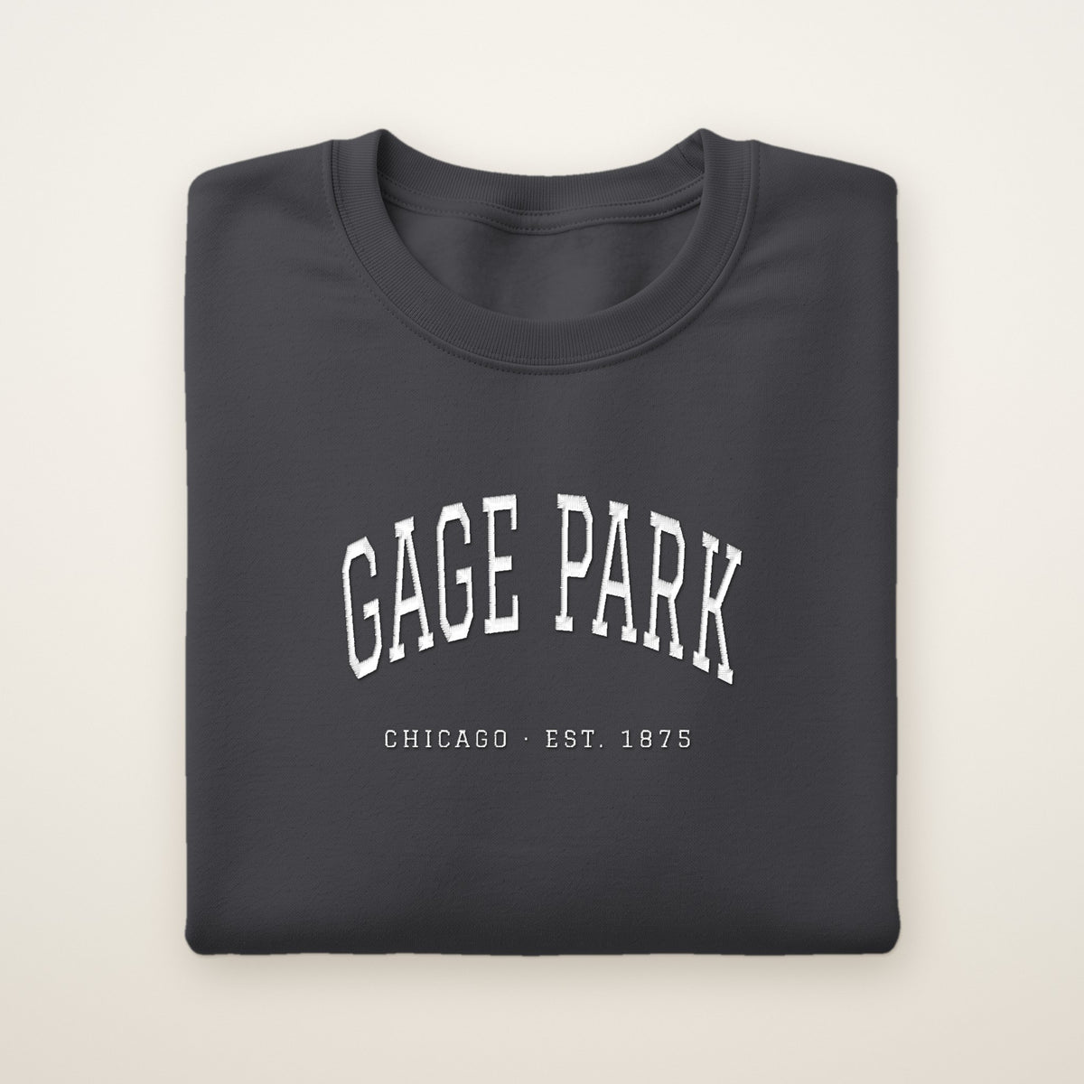 Gage Park Chicago Embroidered Crewneck — White Thread on Dark Heather