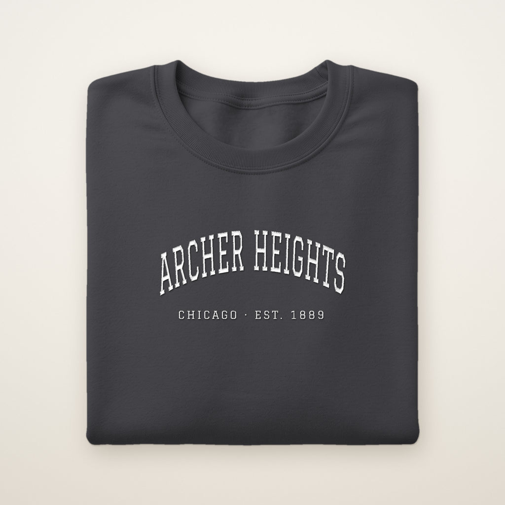 Archer Heights Chicago Embroidered Crewneck — White Thread on Dark Heather