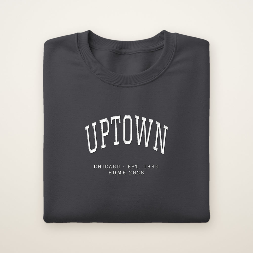 Uptown Chicago Home 2026 Embroidered Crewneck — White Thread on Dark Heather