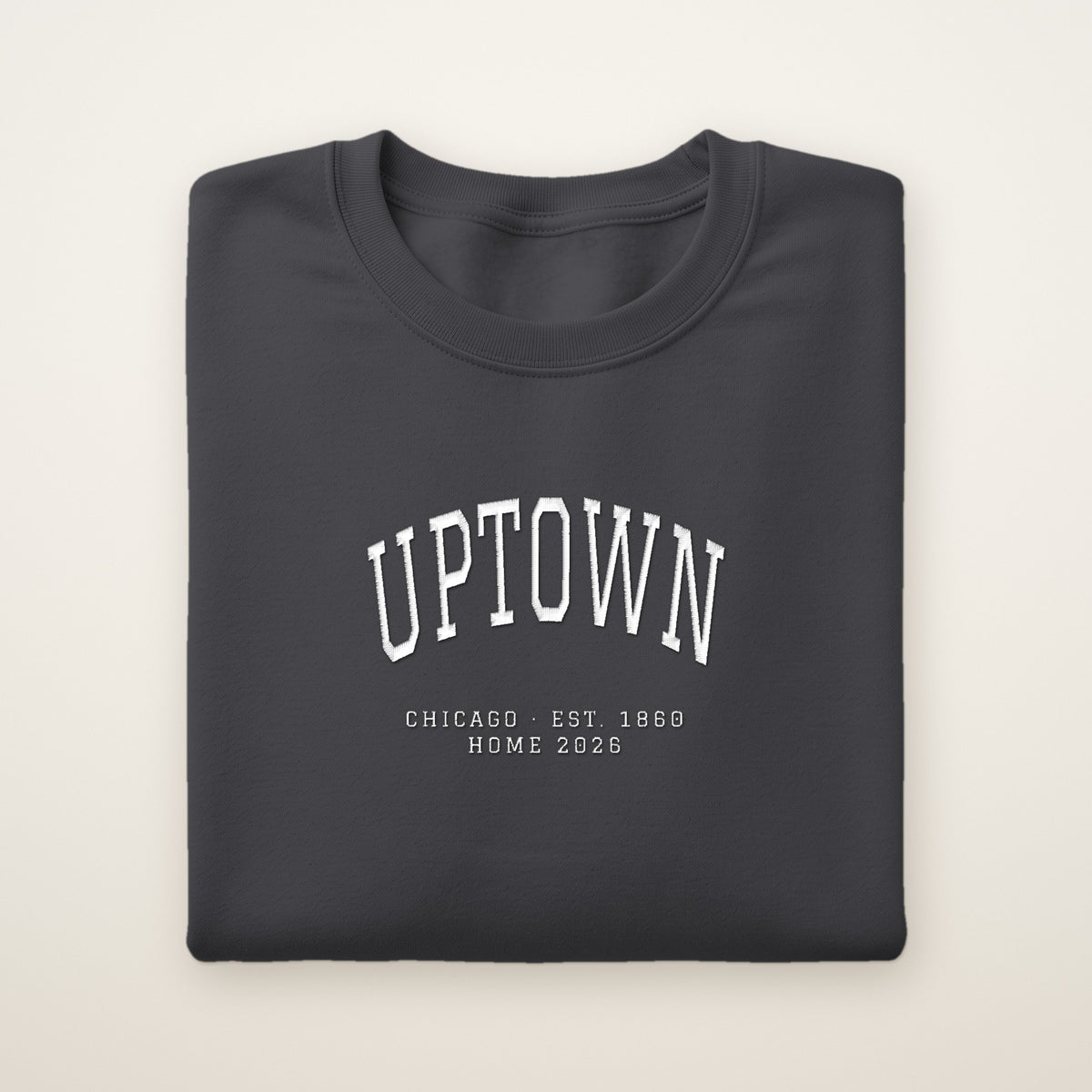 Uptown Chicago Home 2026 Embroidered Crewneck — White Thread on Dark Heather