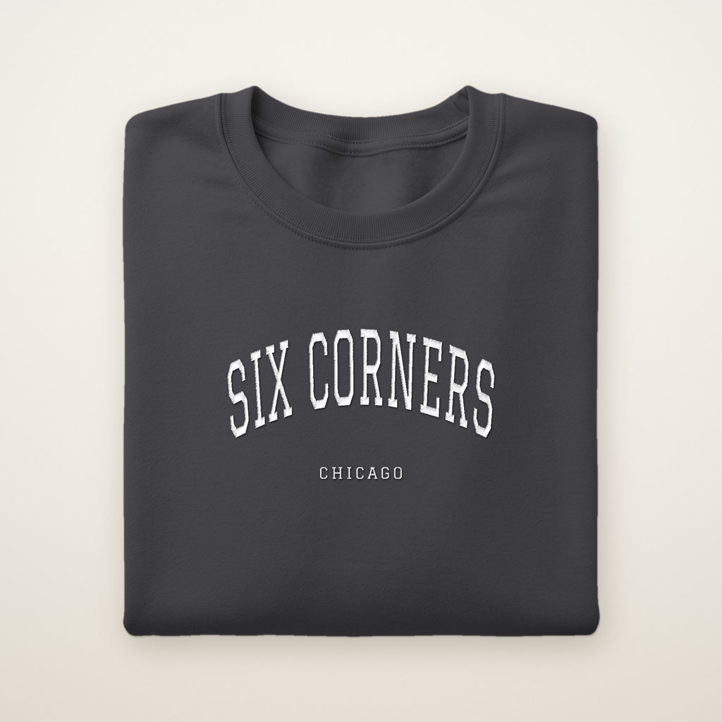 Six Corners Chicago Embroidered Crewneck — White Thread on Dark Heather