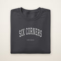 Six Corners Chicago Embroidered Crewneck — White Thread on Dark Heather