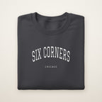 Six Corners Chicago Embroidered Crewneck — White Thread on Dark Heather