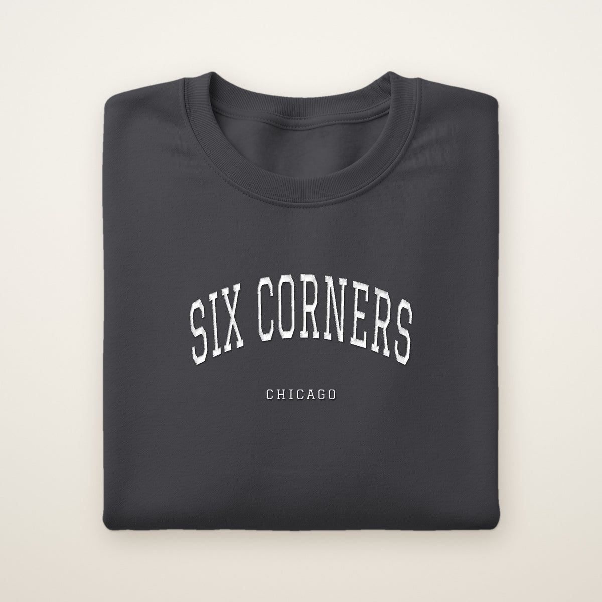 Six Corners Chicago Embroidered Crewneck — White Thread on Dark Heather