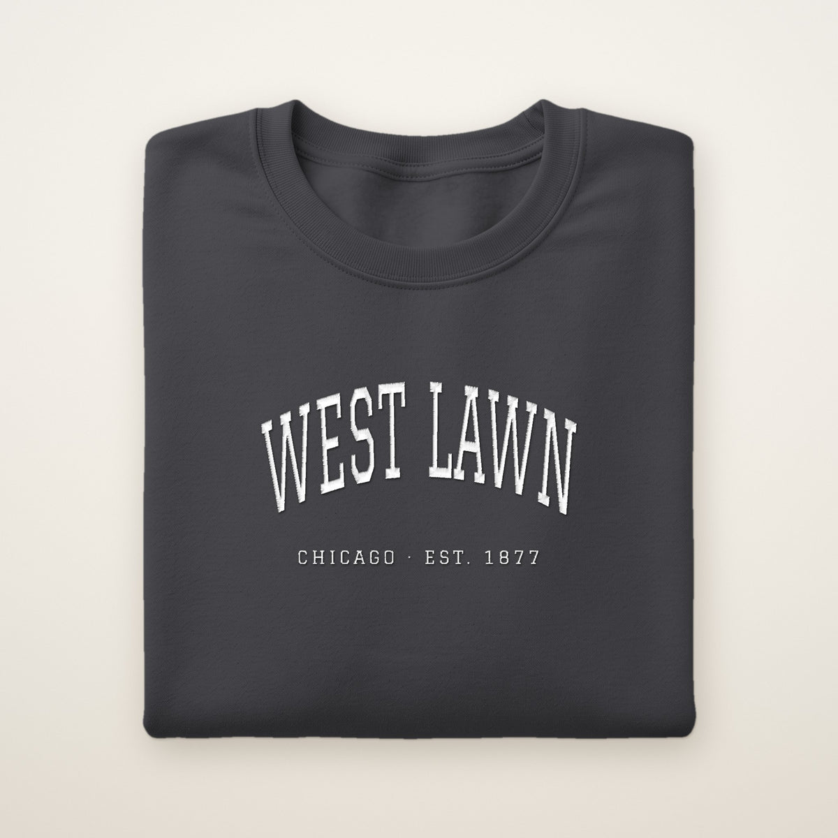 West Lawn Chicago Embroidered Crewneck — White Thread on Dark Heather