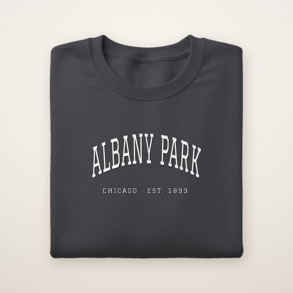 Albany Park Chicago Embroidered Crewneck — White Thread on Dark Heather