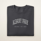 Albany Park Chicago Embroidered Crewneck — White Thread on Dark Heather