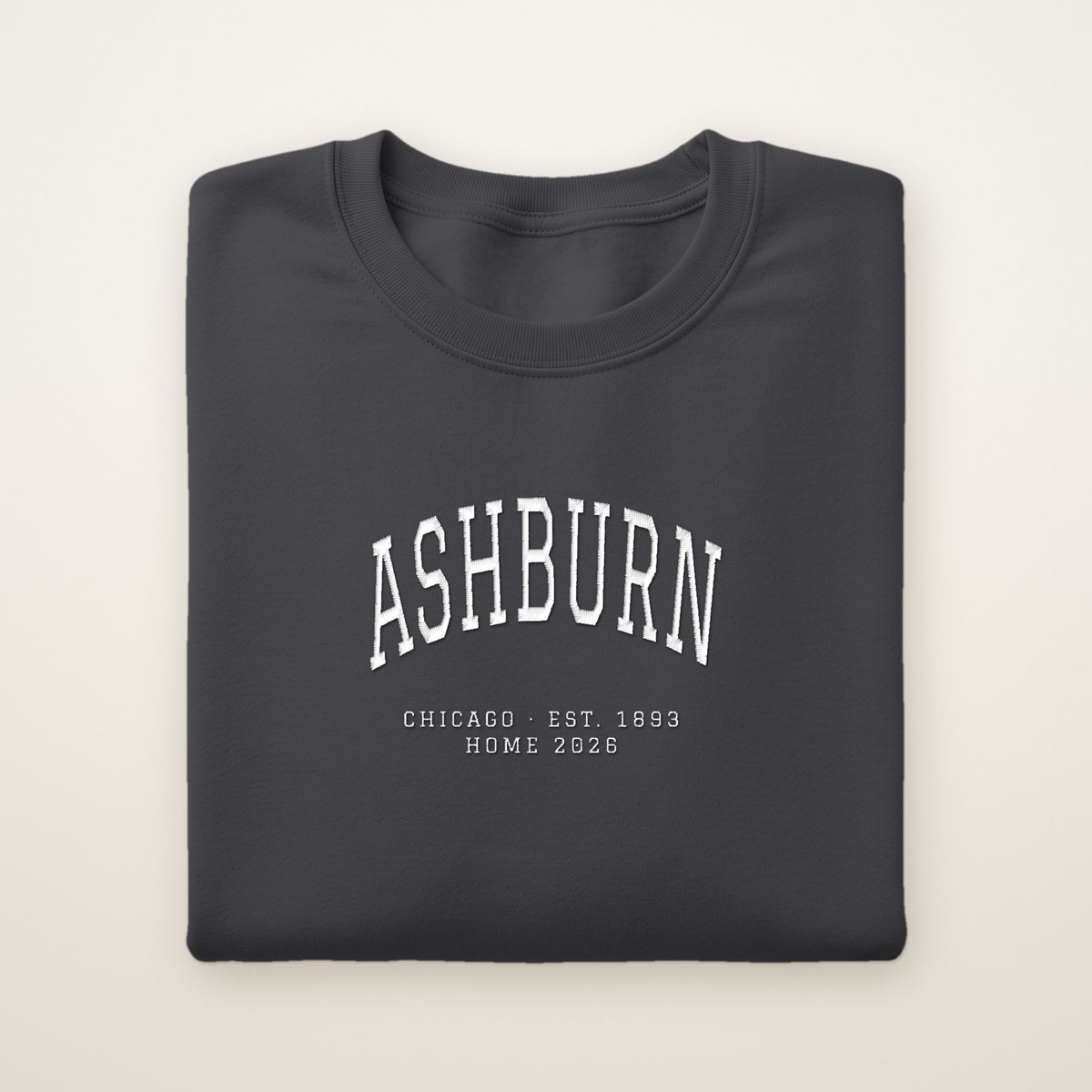 Ashburn Chicago Home 2026 Embroidered Crewneck — White Thread on Dark Heather