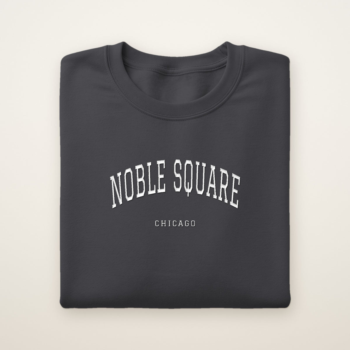 Noble Square Chicago Embroidered Crewneck — White Thread on Dark Heather