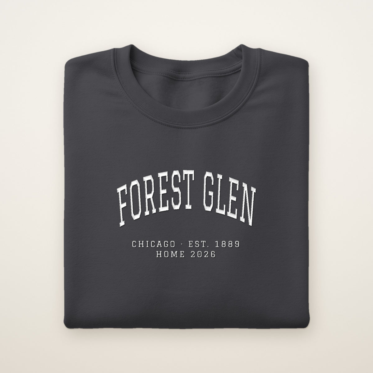 Forest Glen Chicago Home 2026 Embroidered Crewneck — White Thread on Dark Heather