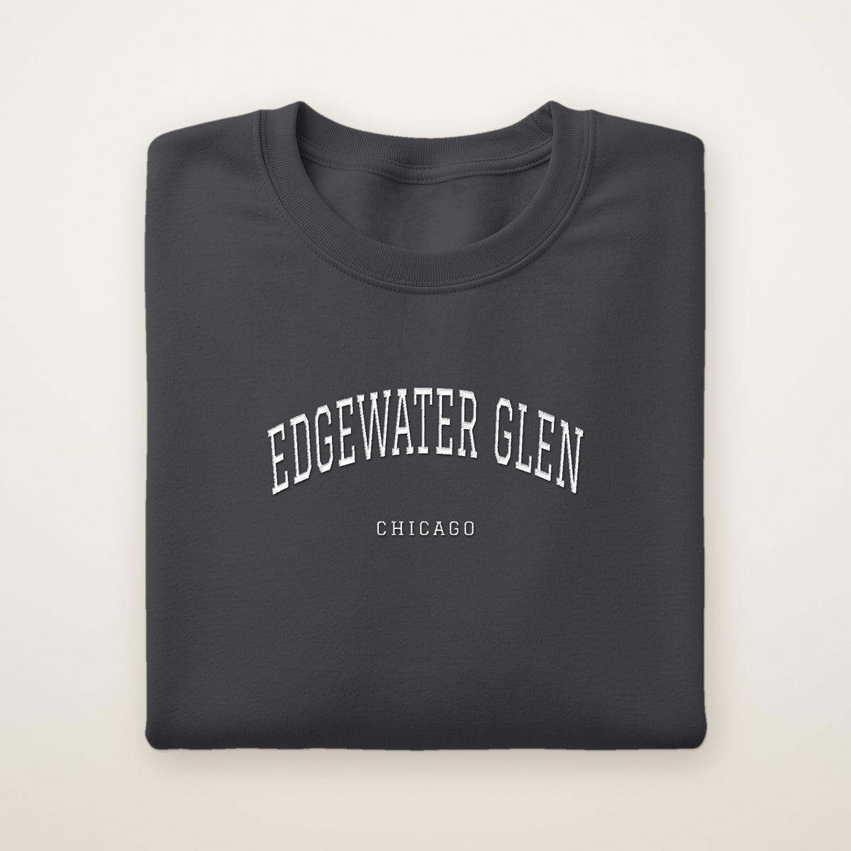 Edgewater Glen Chicago Embroidered Crewneck — White Thread on Dark Heather