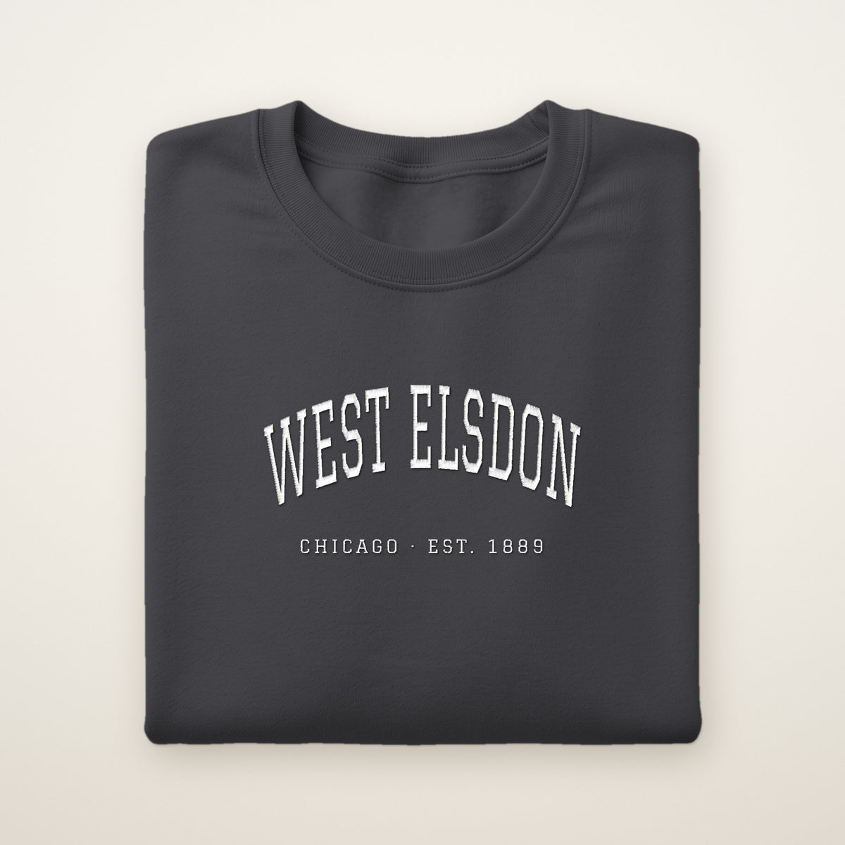 West Elsdon Chicago Embroidered Crewneck — White Thread on Dark Heather