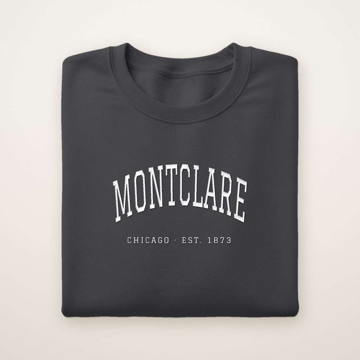 Montclare Chicago Embroidered Crewneck — White Thread on Dark Heather