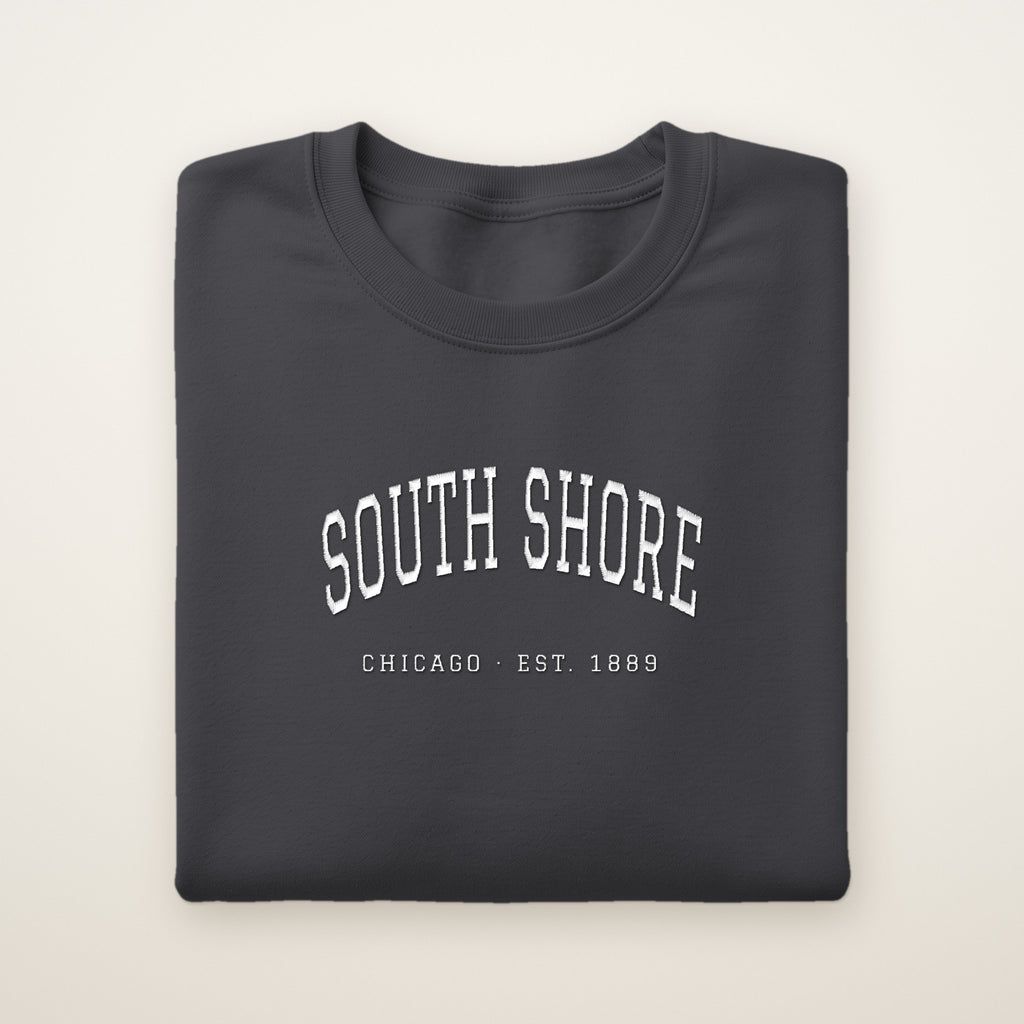 South Shore Chicago Embroidered Crewneck — White Thread on Dark Heather