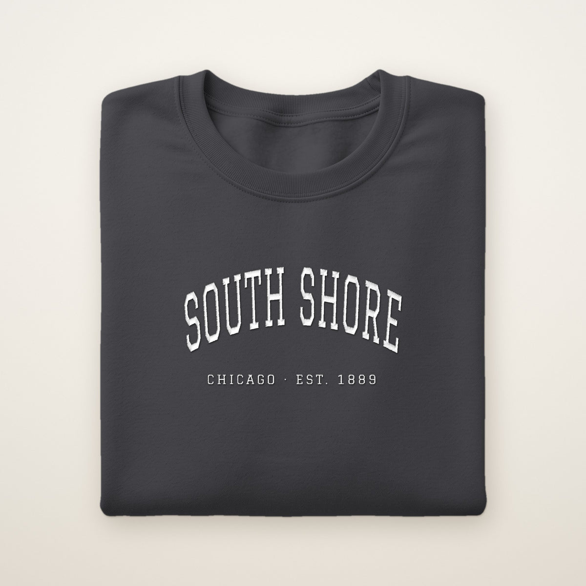 South Shore Chicago Embroidered Crewneck — White Thread on Dark Heather