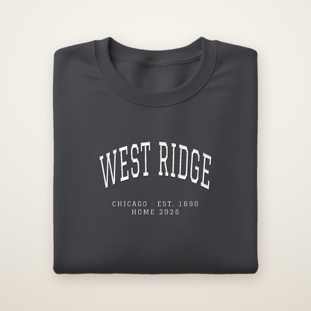 West Ridge Chicago Home 2026 Embroidered Crewneck — White Thread on Dark Heather