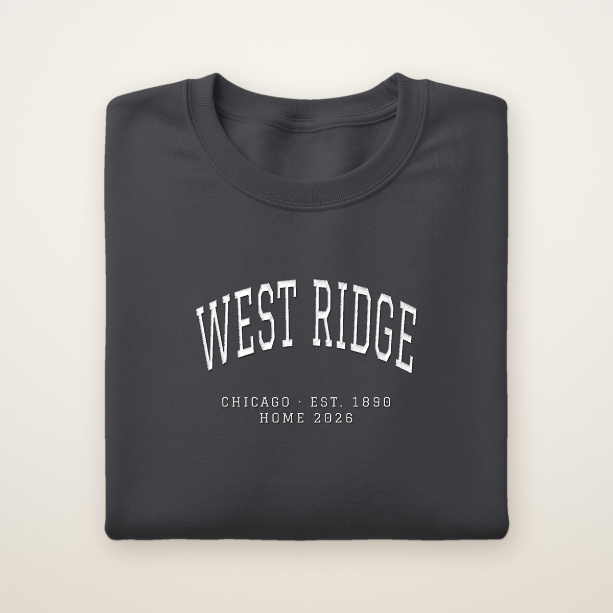 West Ridge Chicago Home 2026 Embroidered Crewneck — White Thread on Dark Heather