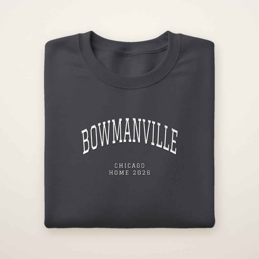 Bowmanville Chicago Home 2026 Embroidered Crewneck — White Thread on Dark Heather