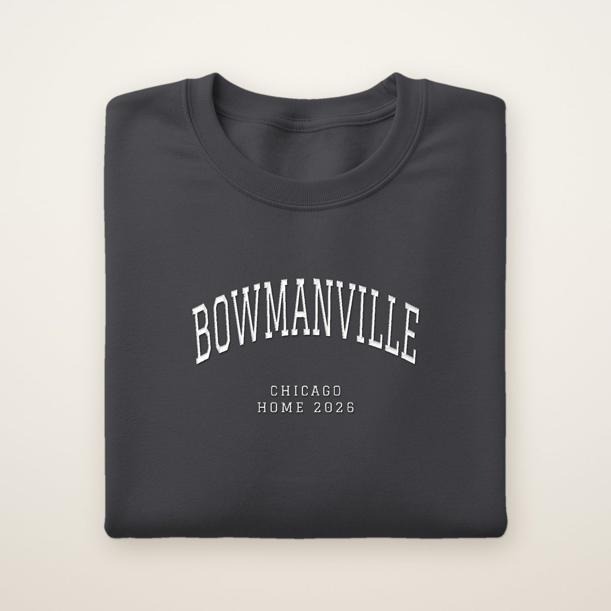 Bowmanville Chicago Home 2026 Embroidered Crewneck — White Thread on Dark Heather