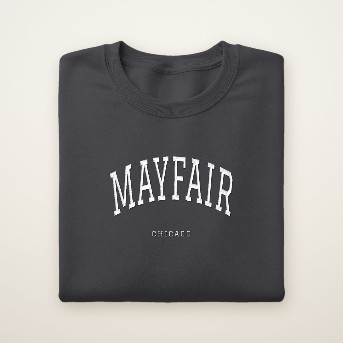 Mayfair Chicago Embroidered Crewneck — White Thread on Dark Heather