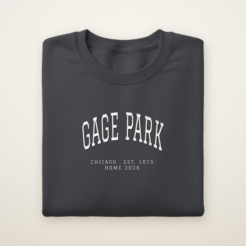 Gage Park Chicago Home 2026 Embroidered Crewneck — White Thread on Dark Heather
