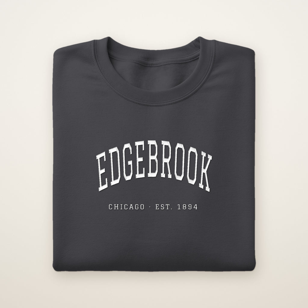 Edgebrook Chicago Embroidered Crewneck — White Thread on Dark Heather