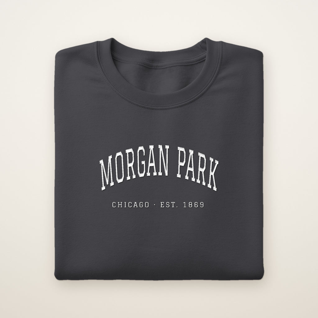 Morgan Park Chicago Embroidered Crewneck — White Thread on Dark Heather