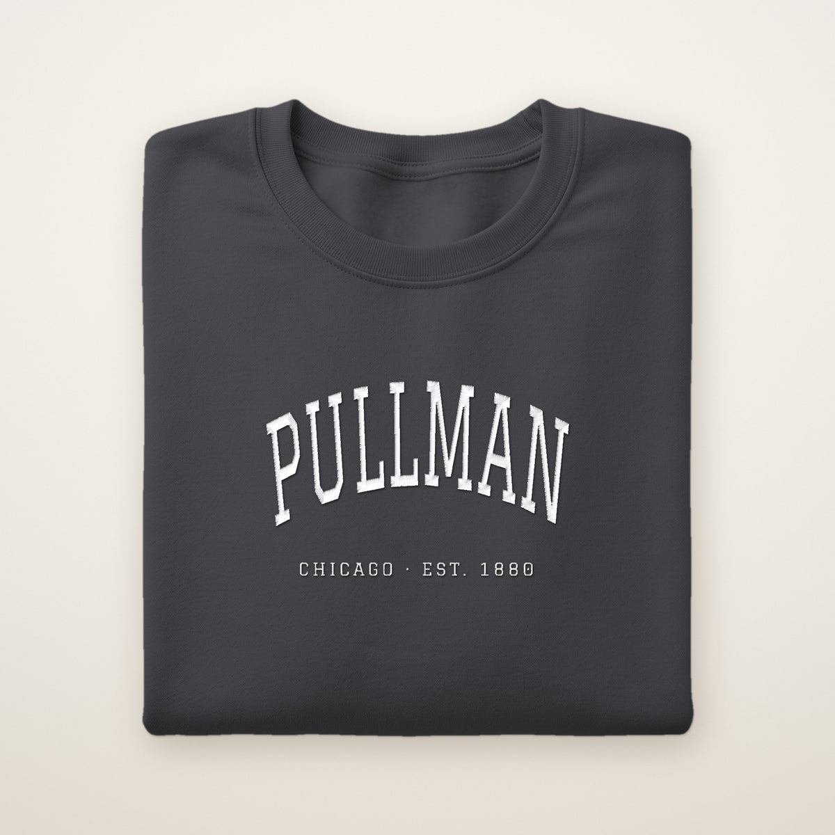Pullman Chicago Embroidered Crewneck — White Thread on Dark Heather
