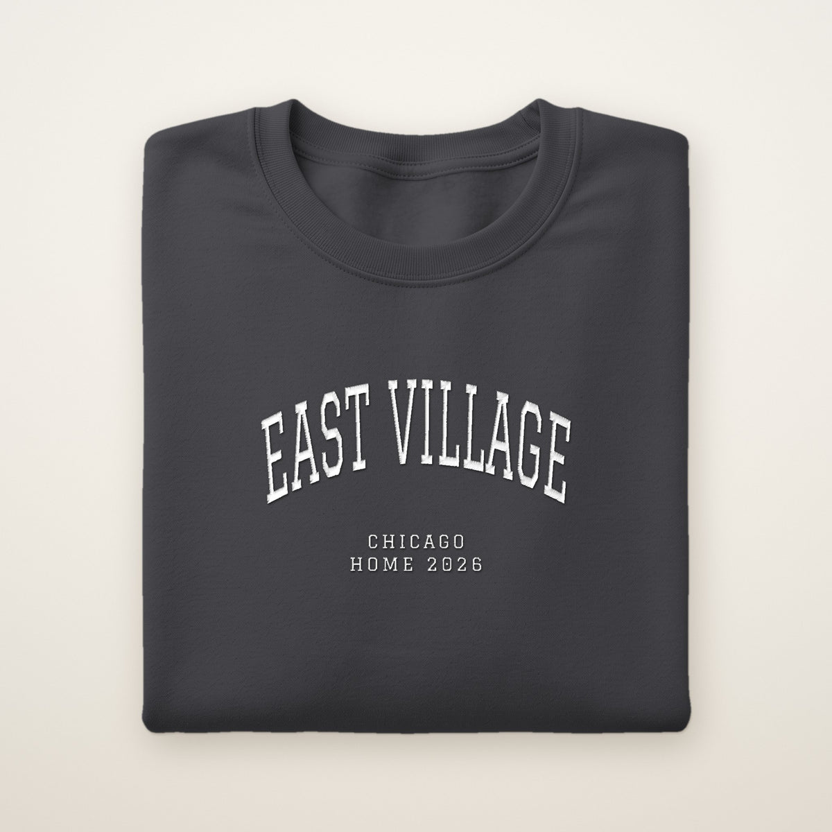 East Village Chicago Home 2026 Embroidered Crewneck — White Thread on Dark Heather