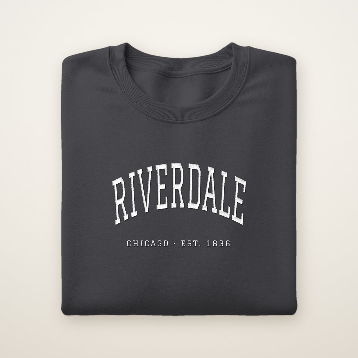 Riverdale Chicago Embroidered Crewneck — White Thread on Dark Heather