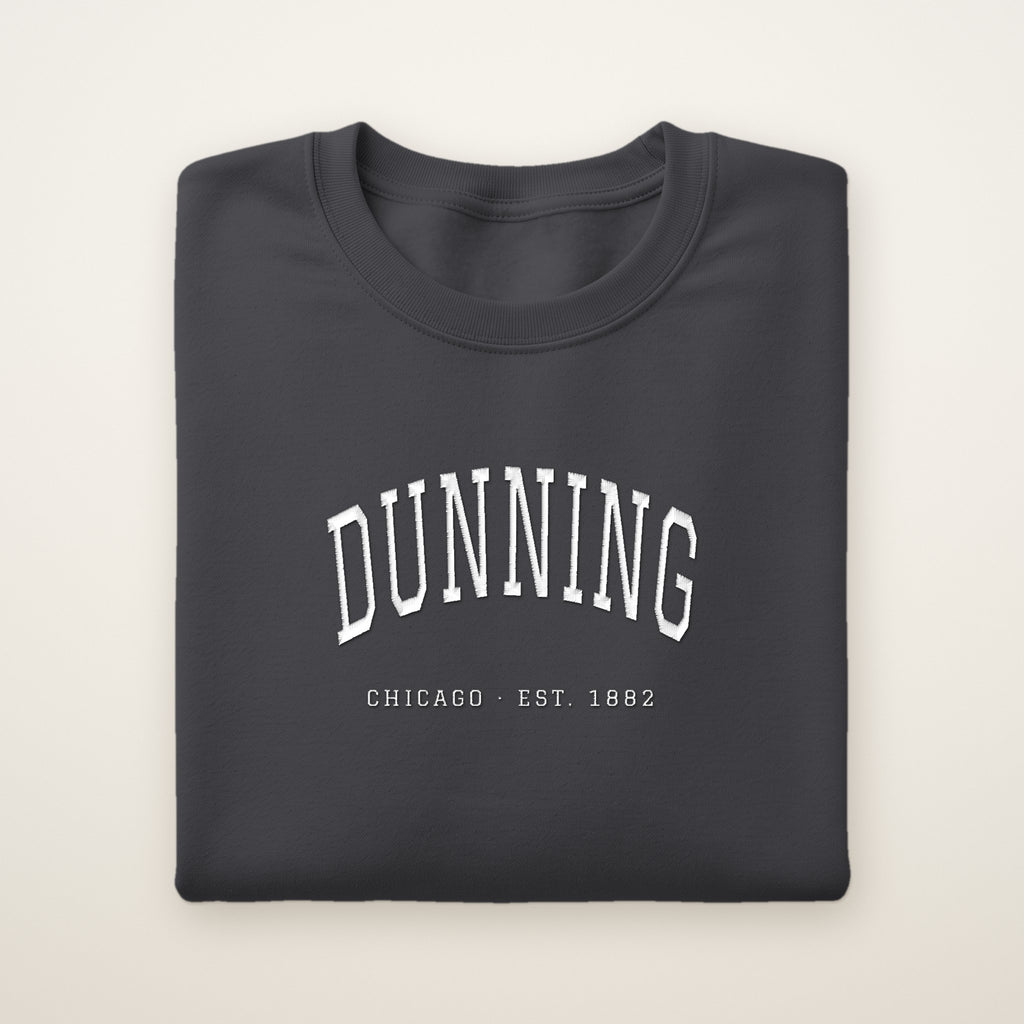 Dunning Chicago Embroidered Crewneck — White Thread on Dark Heather