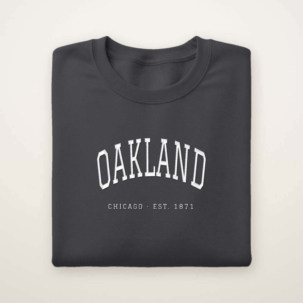 Oakland Chicago Embroidered Crewneck — White Thread on Dark Heather