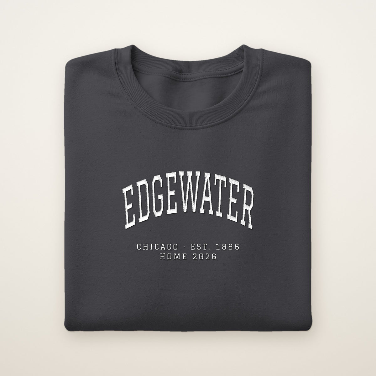 Edgewater Chicago Home 2026 Embroidered Crewneck — White Thread on Dark Heather